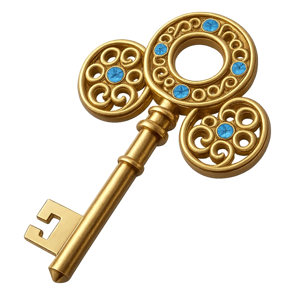 Add shiny blue diamonds to the golden key, keep the background transparent. sticker