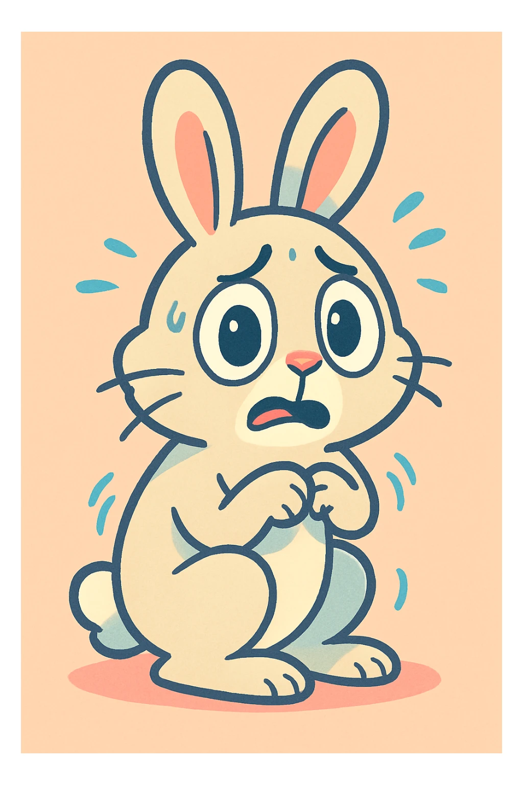 cute scared bunny, soft pastel colors, big eyes, trembling, cartoon style sticker