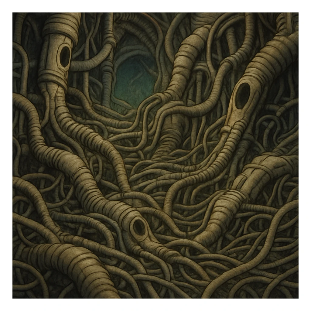 complex network of wires and tubes, biomechanical, Giger style, surreal atmosphere sticker