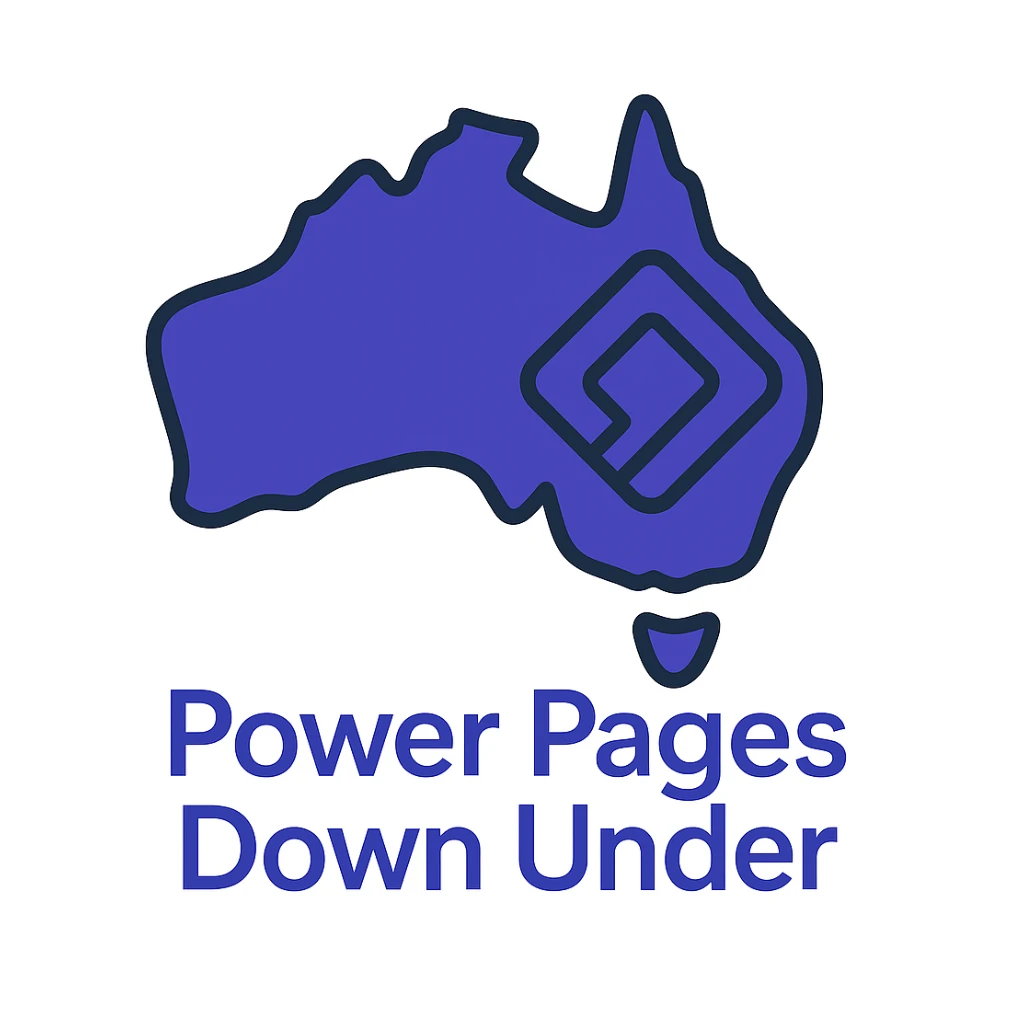 Update the text to 'Power Pages Down Under' in the same clean, modern font style below the map of Australia with the official Microsoft Power Pages icon overlay. Use #403DAD as the main color, no digital web overlay sticker