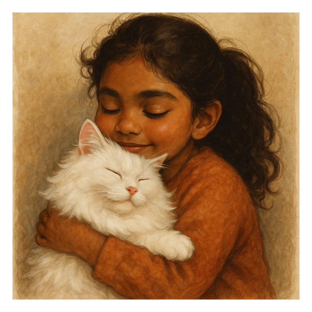brown girl snuggling fluffy white cat, style 5 sticker