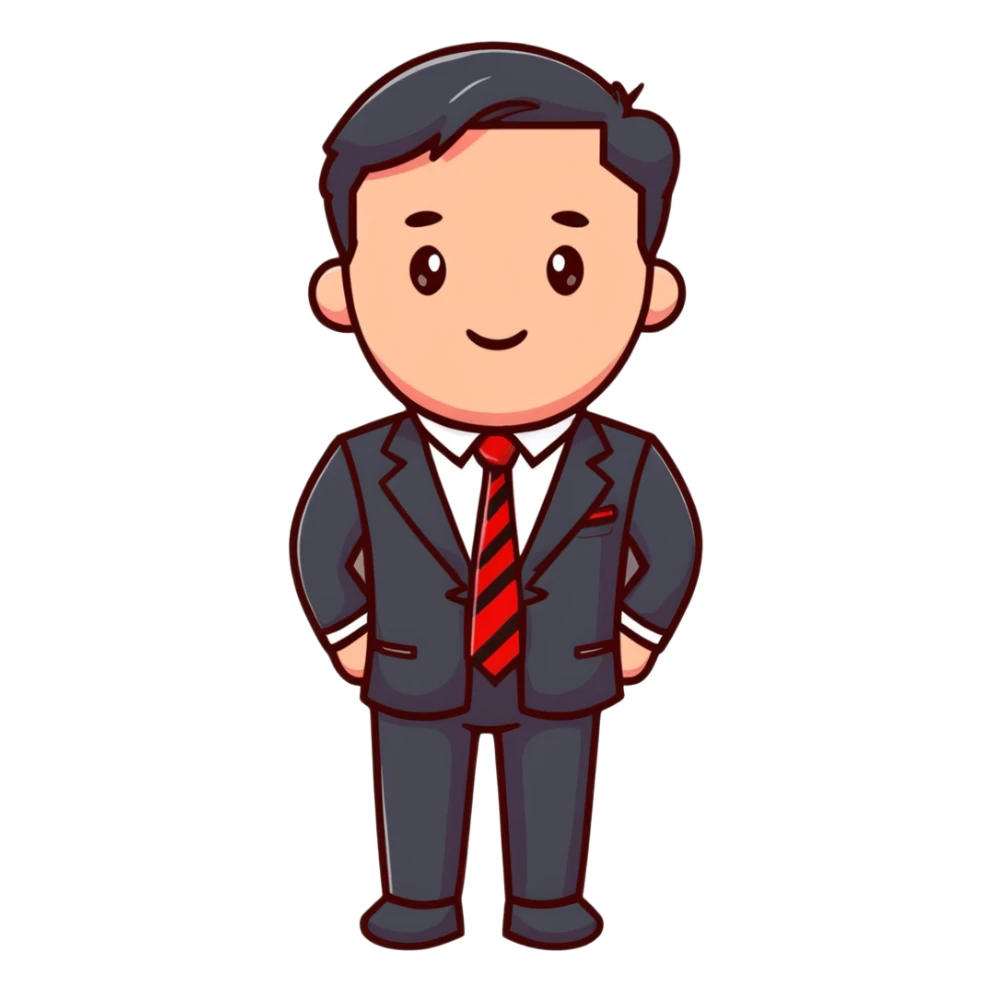 man wearing a suit with black horizontal stripes and a red tie sticker