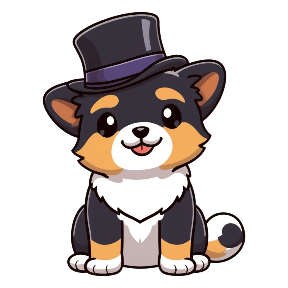 cute small dog with plain light tan fur, black nose, black round eyes, curly fluffy medium length hair, wearing a top hat sticker