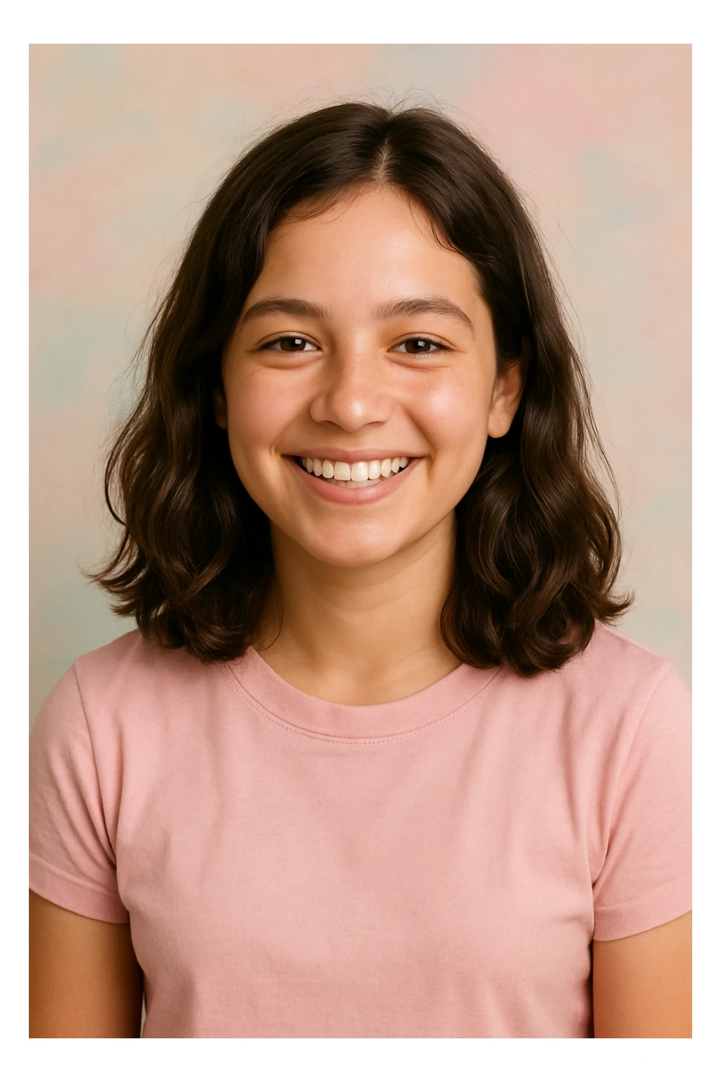 girl with medium length straight wavy hair, smiling, pastel background sticker