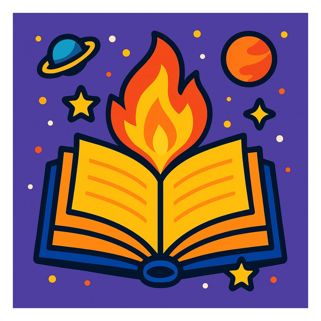 fun event icon with a book and fire, surrounded by stars and planets, space theme sticker