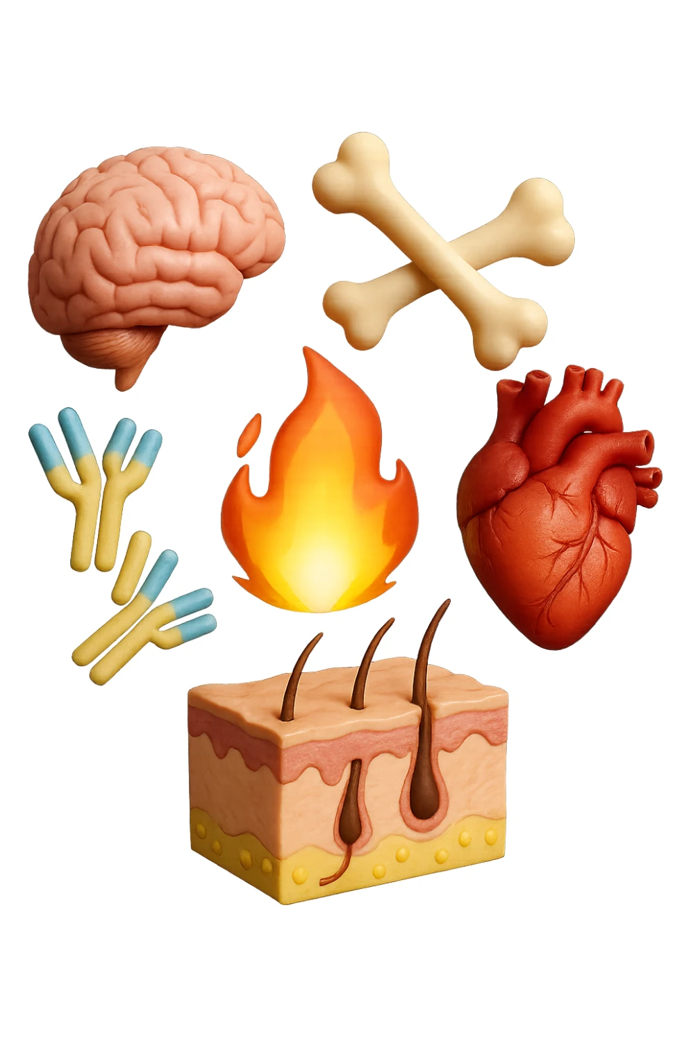 EMOJI STILE IPHONE 3D DI cervello, ossa, cuore, porzione di epidermide e cellule di anticorpi che girano in tondo, al centro di questi elementi c'è una fiamma 3d  FALLO MOLTO REALISTICO IN 3D sticker