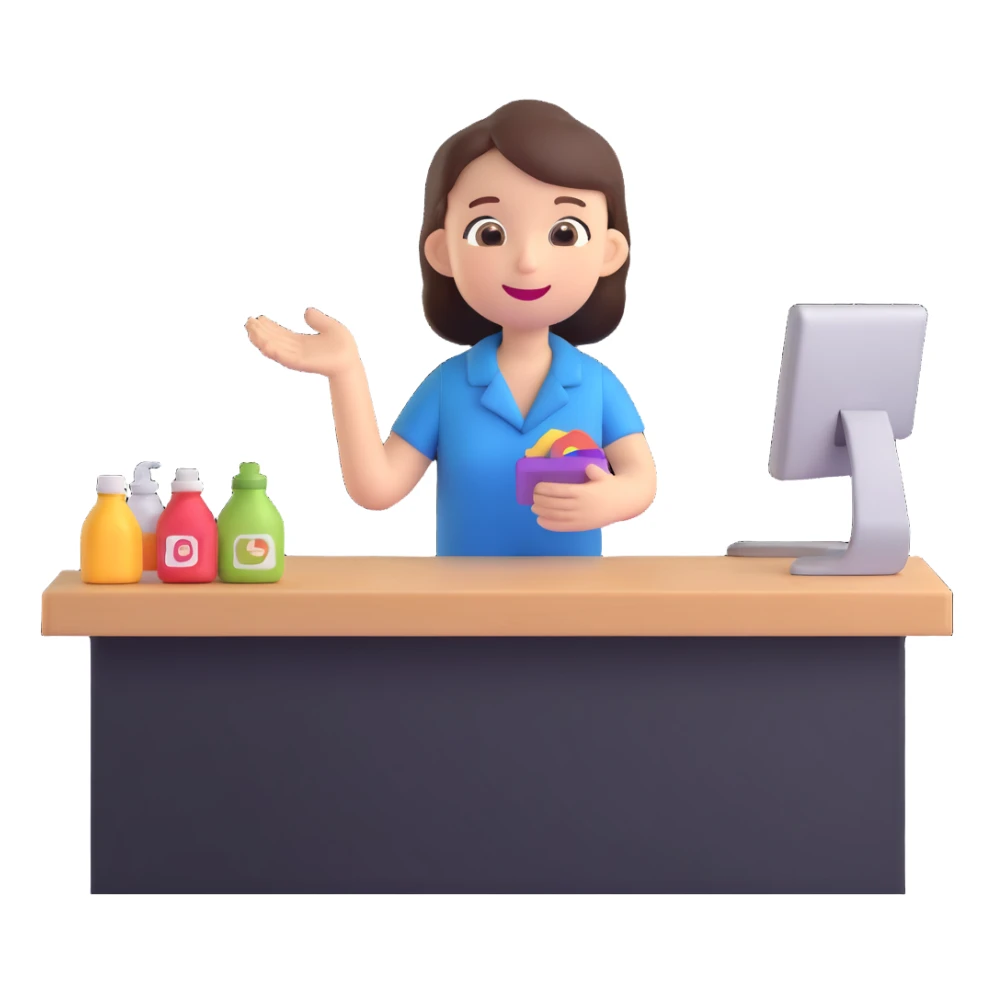 a person happily buying something at a store counter sticker