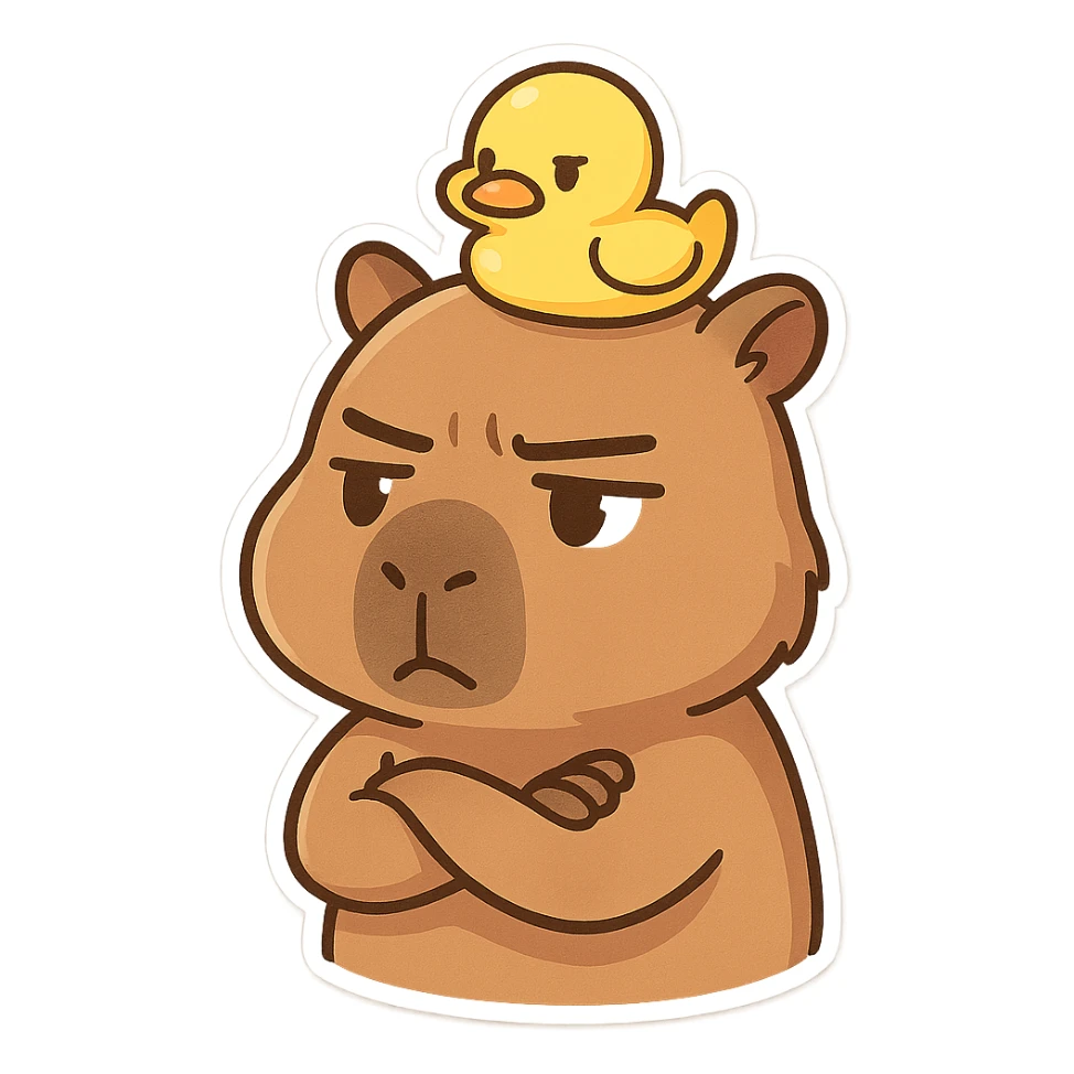 A Capybara with his arms crossed, thinking and a serious expression, with a small yellow duck on his head sticker