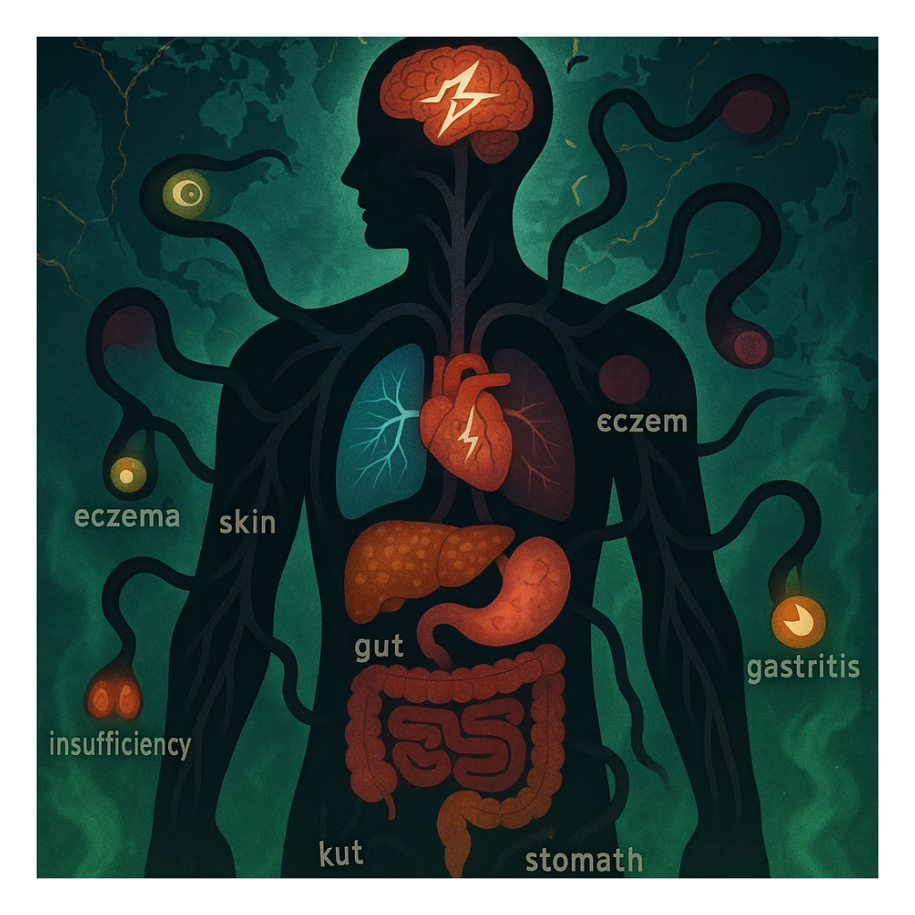 semi-realistic, medical-fantasy style human silhouette with dark worm-like forms radiating to organs, each organ highlighted with a symbol or color for a specific disease (brain: migraine, heart: arrhythmia, lungs: asthma, liver: cirrhosis, gut: colitis, joints: arthritis, skin: eczema, eyes: conjunctivitis, kidneys: insufficiency, stomach: gastritis), world map background, glowing cracks, green mist, allegorical sticker