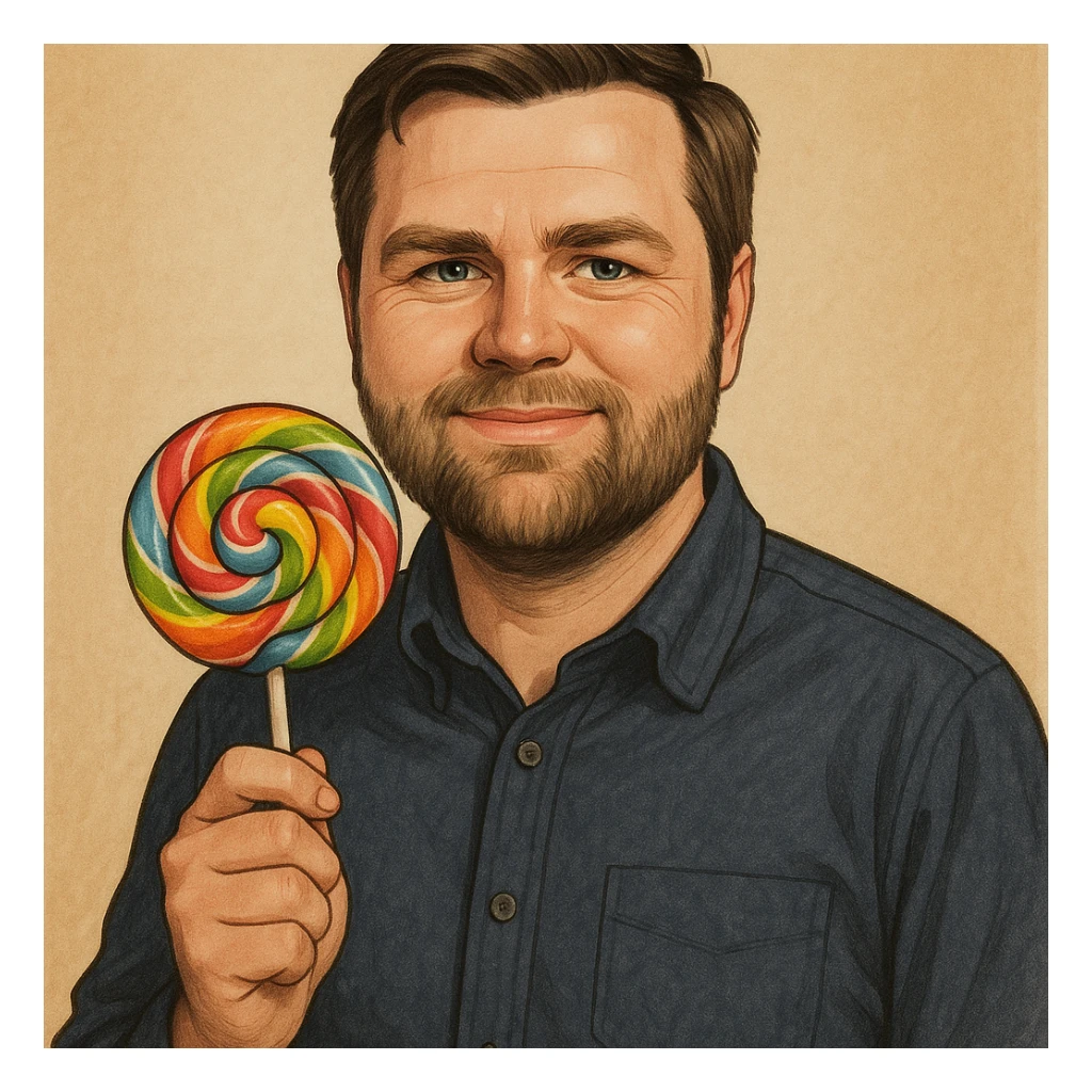 JD Vance holding a lollipop, realistic cartoon style sticker