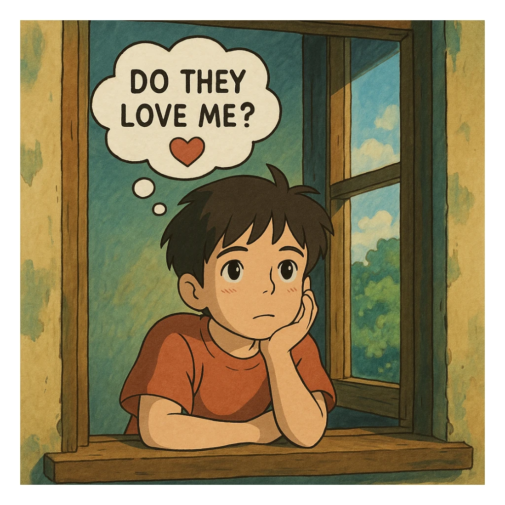 ghibli style illustration of a boy gazing out a window, dreamy expression, thought bubble with 'do they love me?' and a heart sticker