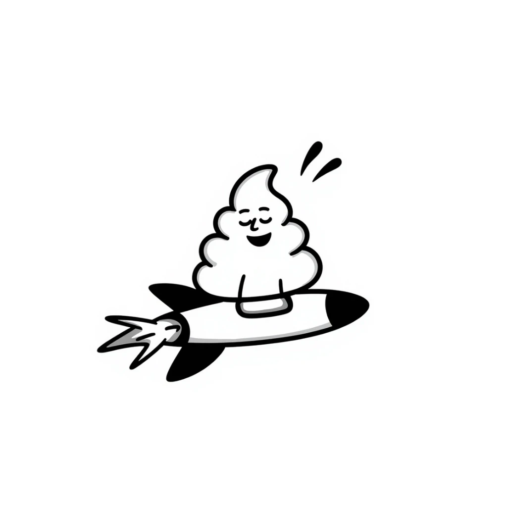 hand-drawn doodle of a turd with lipstick riding a rocket sticker