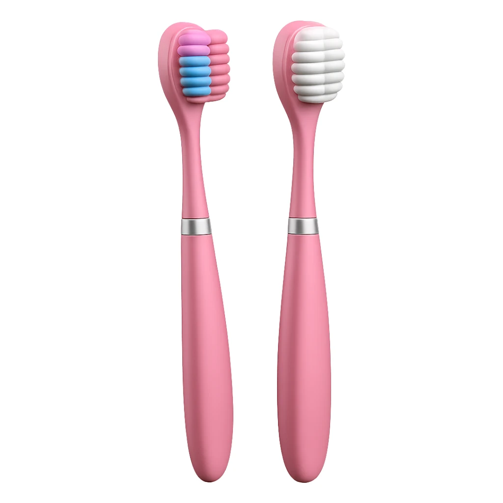 Edit the toothbrush image to have a pink handle while keeping the design clean and modern with a slim, slightly curved handle and compact head. The bristles should remain soft, evenly spaced, and clearly visible. Maintain the Apple-style 3D rendering, soft lighting, subtle shadows, and transparent background. No anthropomorphic features. sticker