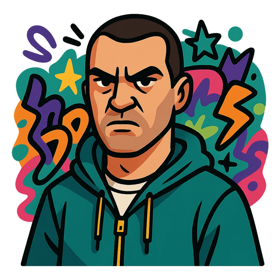 GTA5 main character icon, tough expression, streetwear, graffiti background sticker