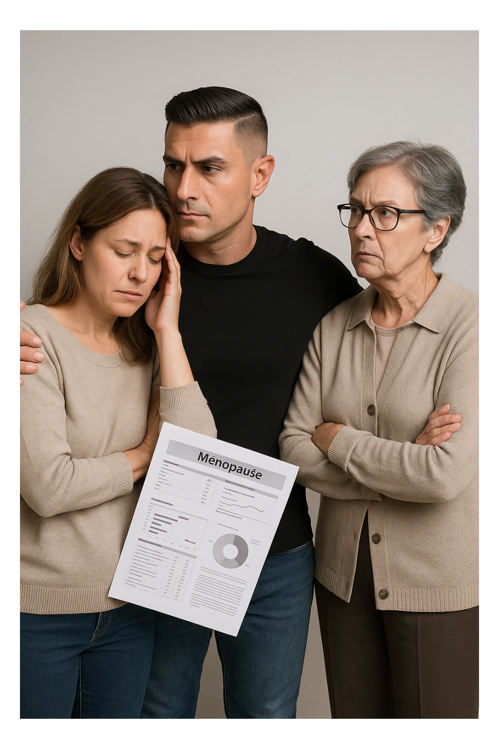 Middle-aged man standing between his menopausal wife and critical mother-in-law, body language shielding her, medical reports in hand proving her symptoms are real sticker
