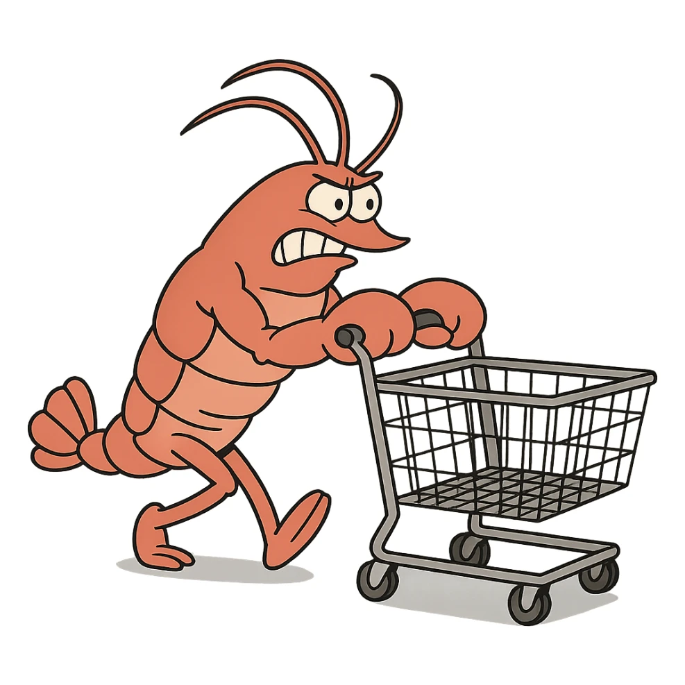 strong lobster pushing a shopping cart, transparent background sticker