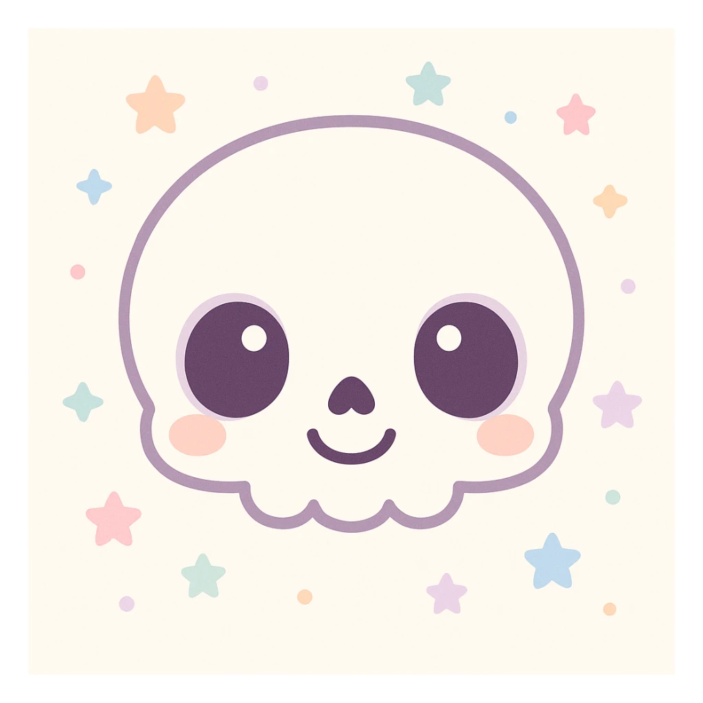 adorable cartoon skeleton head, front view, big eyes, smiling, not scary, kawaii style sticker