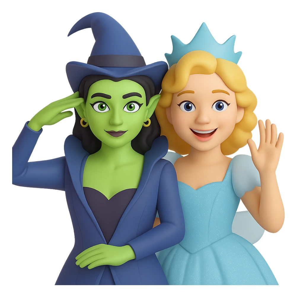 Add Glinda beside Elphaba, both in the Ozdust Ballroom scene, Glinda smiling. The style should resemble 3D emoji style with transparent background. sticker