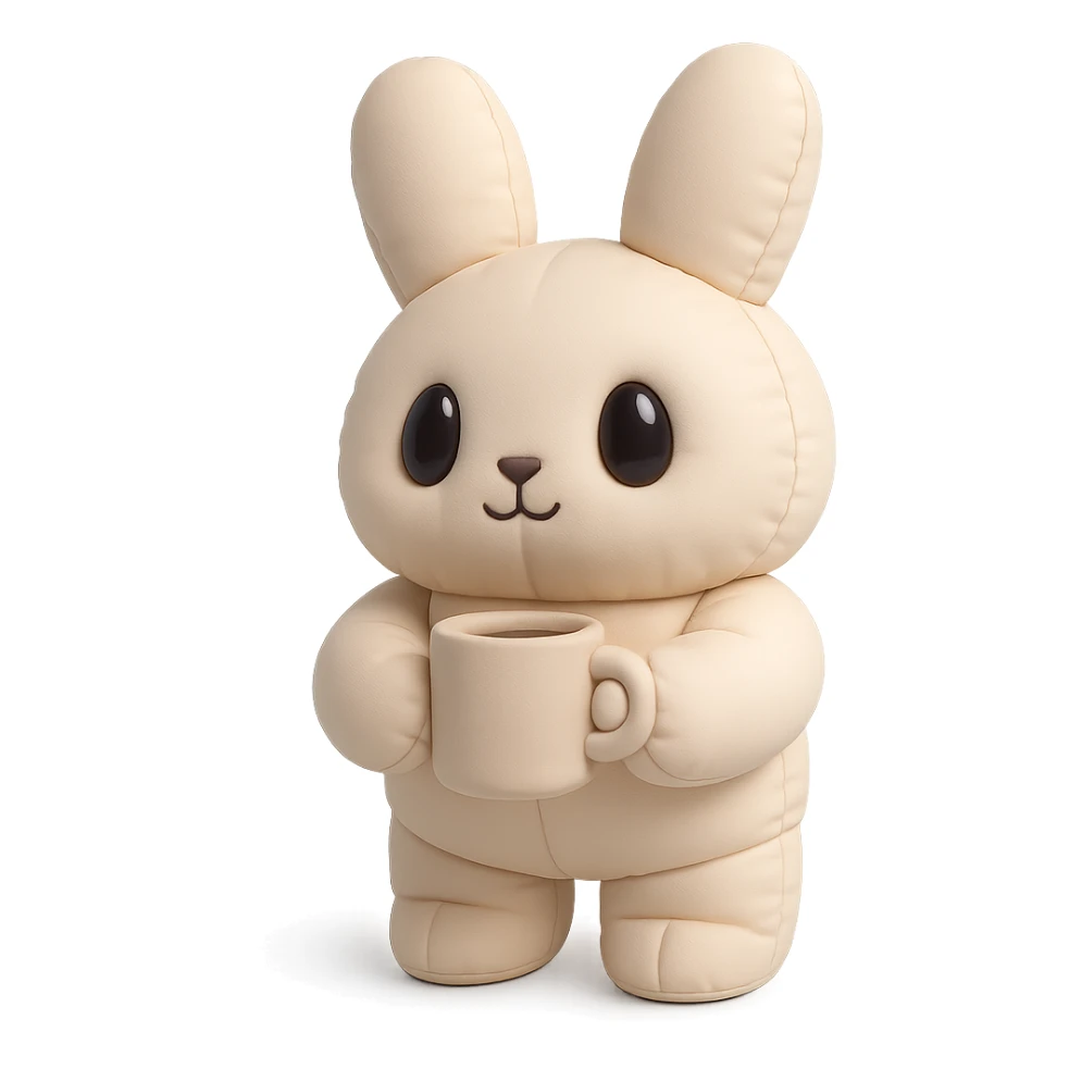 full-body fluffy cream bunny with big teardrop eyes holding a coffee mug with both hands, cozy expression, standing pose, pastel soft tones, cushion style sticker