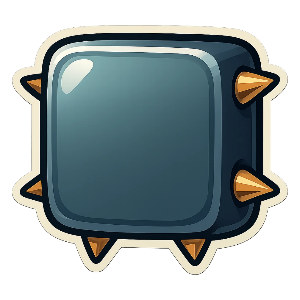 Replace the metallic rivets on the visible side edges with four short, fat spikes (one on each side), leaving the large 1x1 front face blank, in a retro sticker style. Keep the background transparent. sticker