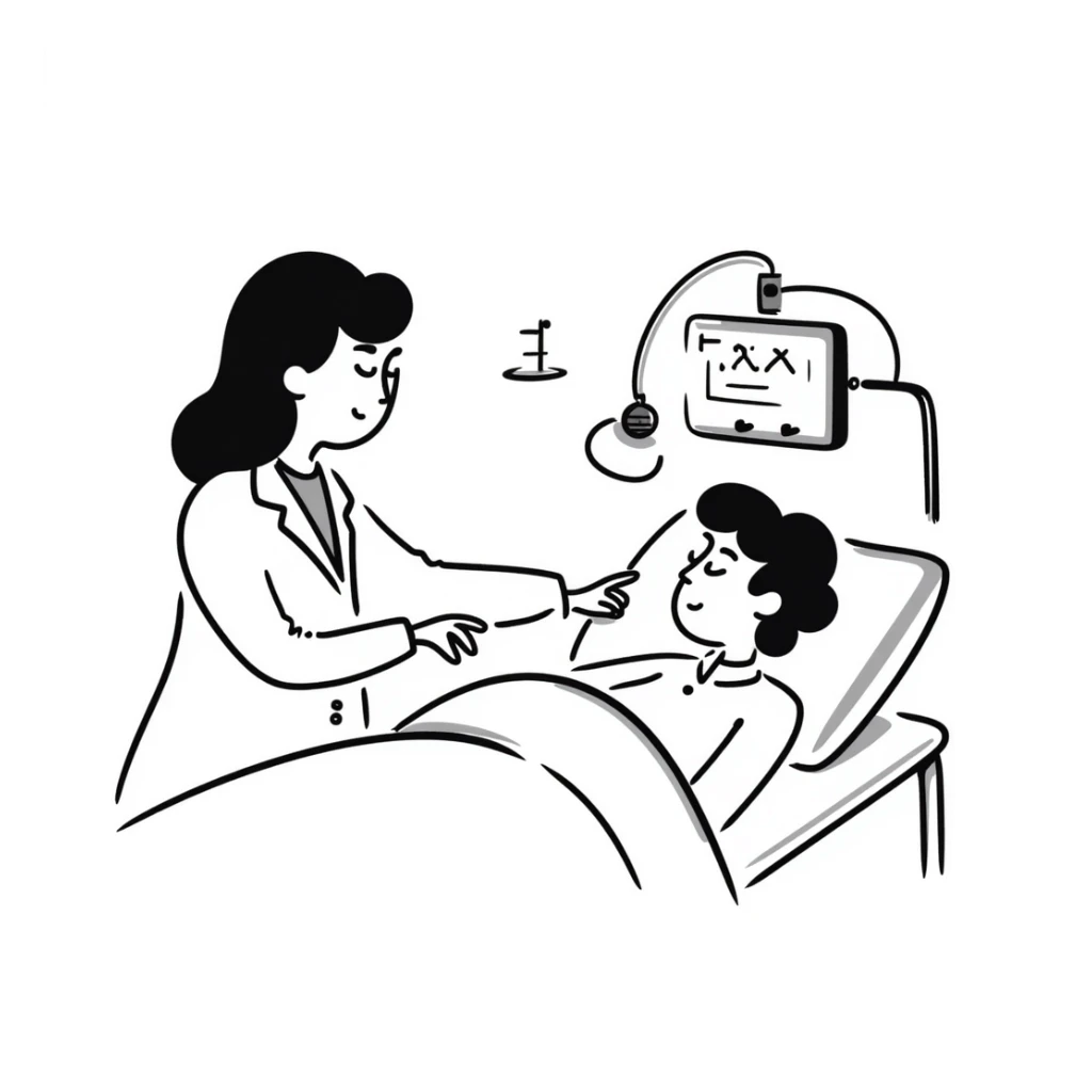 Sleep research laboratory with scientist monitoring a sleeping patient connected to EEG equipment sticker