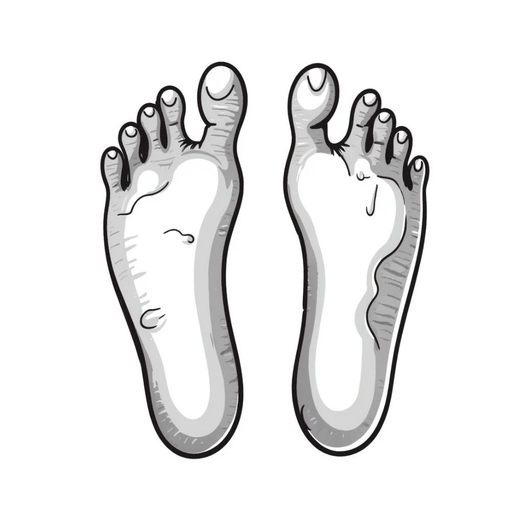 realistic drawing of two human foot soles covered with white sticky tree sap, detailed illustration sticker