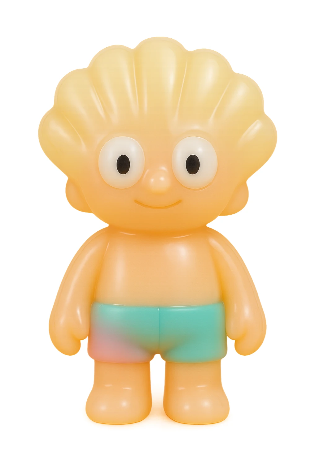贝壳, retro 90's toy style, very transparent and slightly see-through, natural tan skin, blonde hair, colorful shorts, large white eyeballs with small black pupils, soft plastic texture, soft reflections, soft and squishy, some cloudiness, not shiny, highly detailed, appealing, no tag, no background sticker