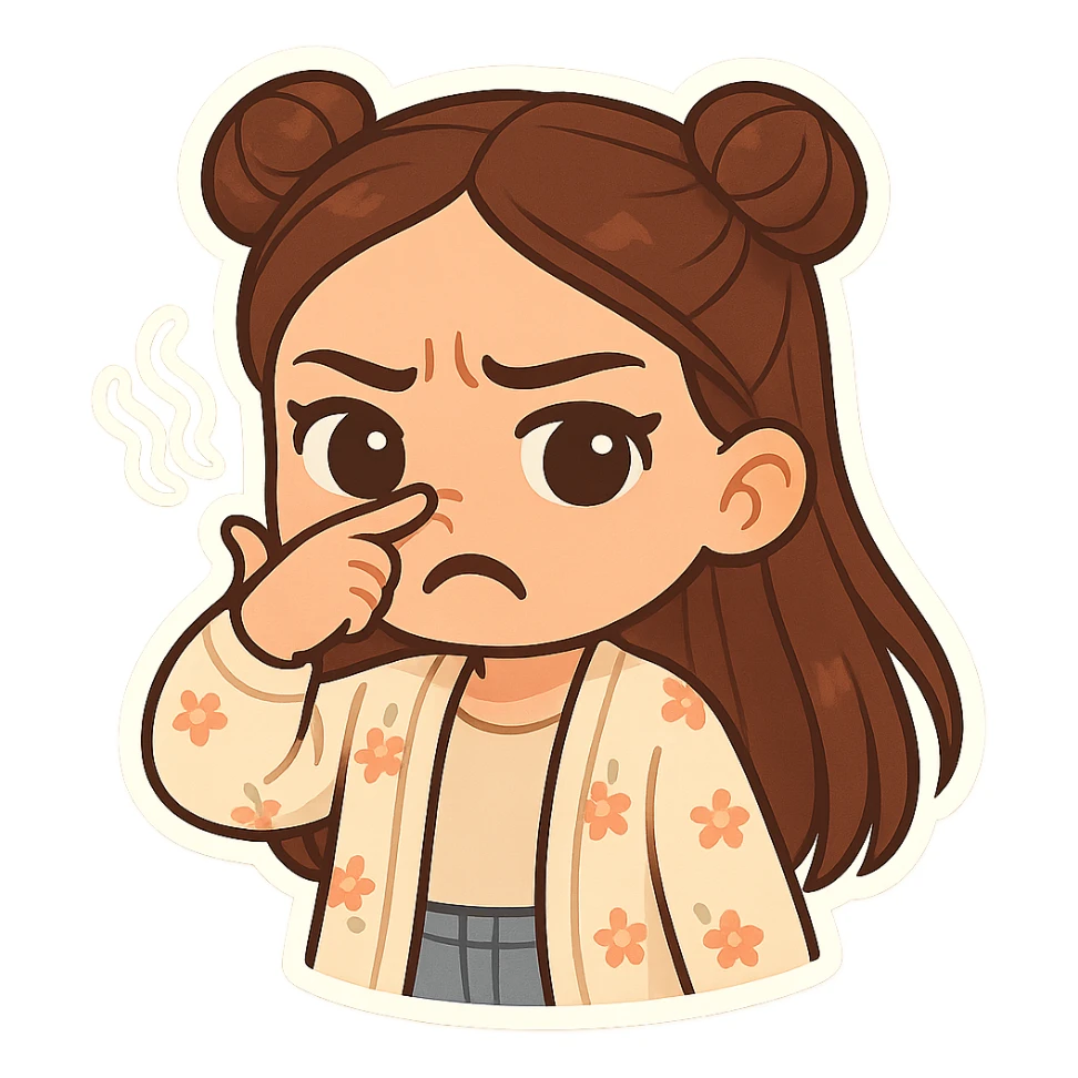 Create a chibi sticker of the girl from the reference image. She has brown straight hair in double buns, brown eyes, wearing a pastel floral cardigan and jeans. She is waving her hand in front of her nose with a disgusted expression, as if something smells bad. The sticker should have a white outline and a transparent background, 512x512px. sticker