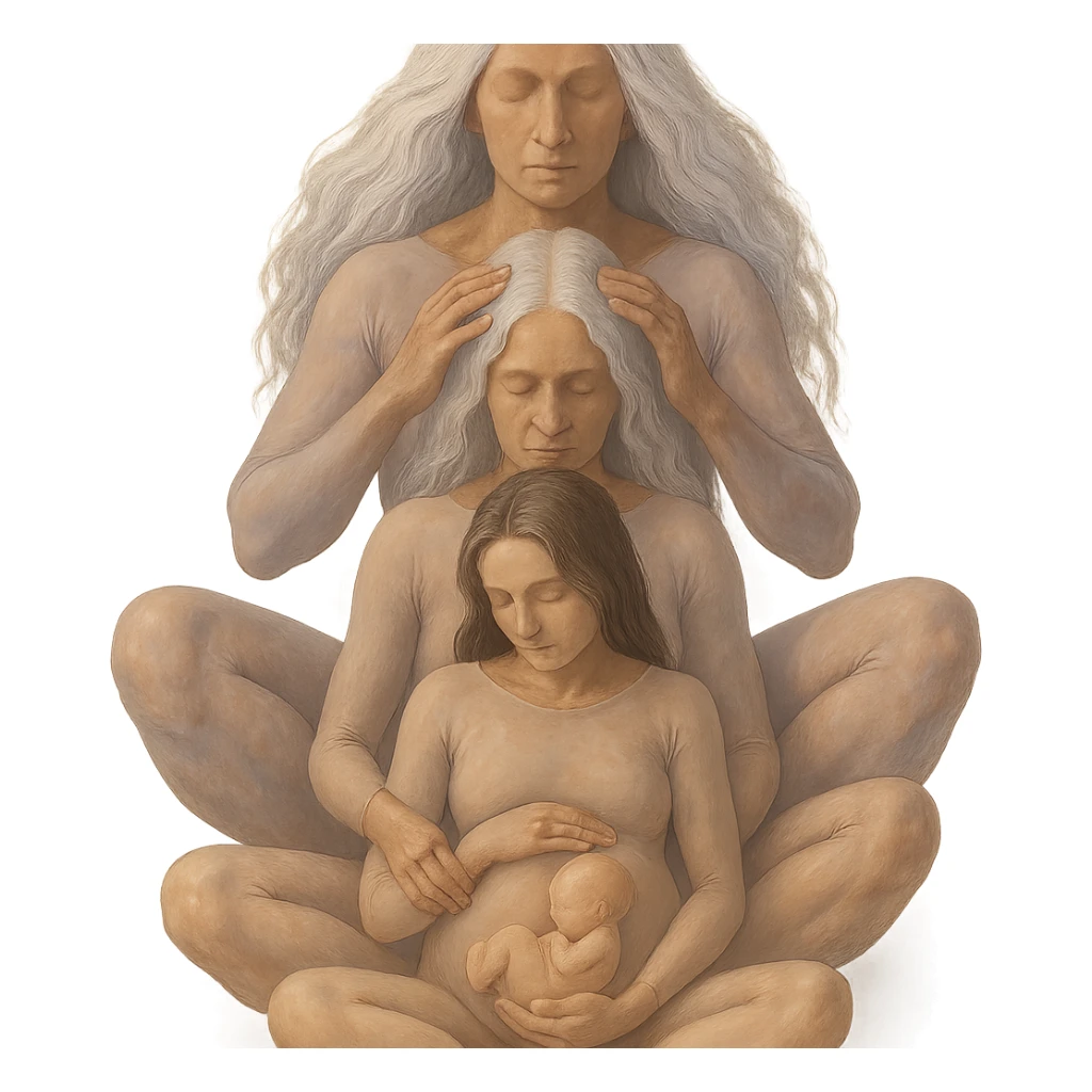 Variant: Several generations of women sitting one behind another as in the reference image, all wearing flesh-colored bodysuits. Realistic volumetric drawing with emphasis on expressive shadows and highlights, soft lighting, pastel palette including #98B5BC, #B5B3C1, #C9A3C9, #E4C0CA, #F7DCD1, #F7C0AA. Transparent background, no decoration. Composition and poses as in the reference. sticker