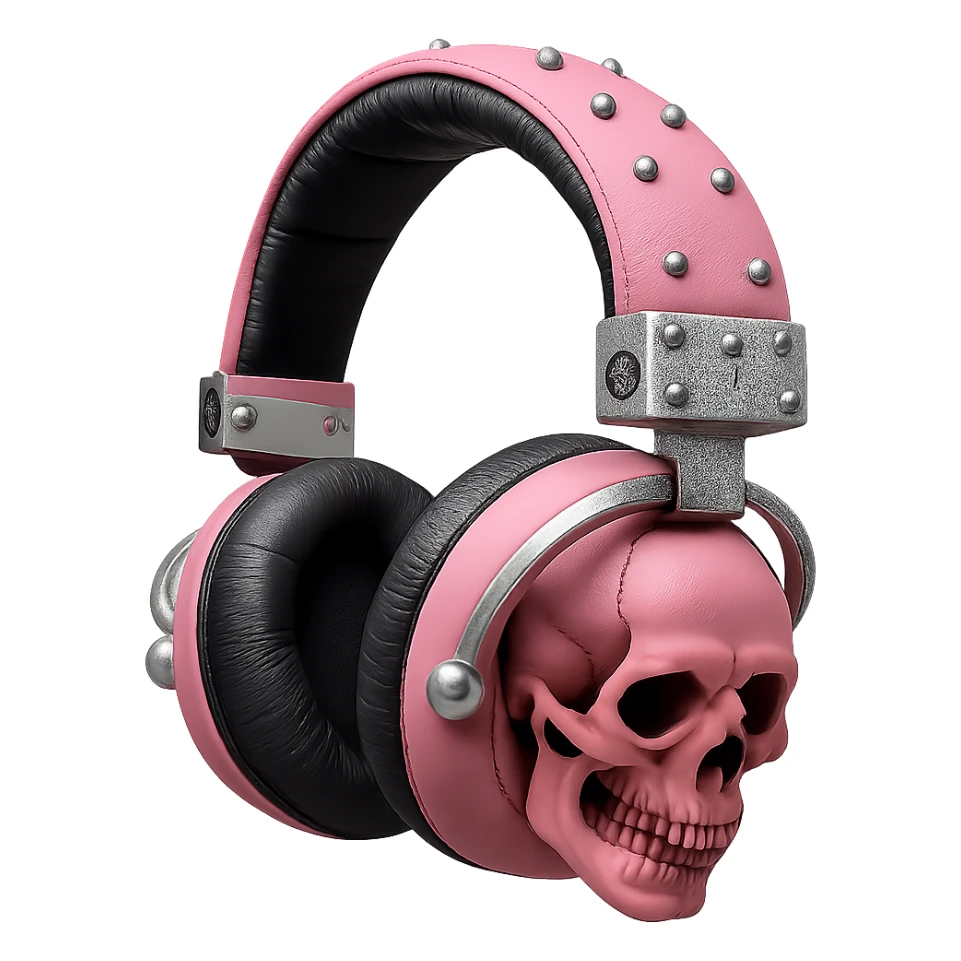 Isolate and keep only the realistic pink gothic headphones with sculpted skulls, leather texture, and silver studs in a photorealistic style with no background. sticker
