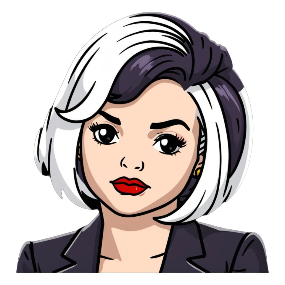 Moira Rose from Schitt's Creek saying "bébé" with dramatic facial expression, bold red lips, and black and white wig sticker