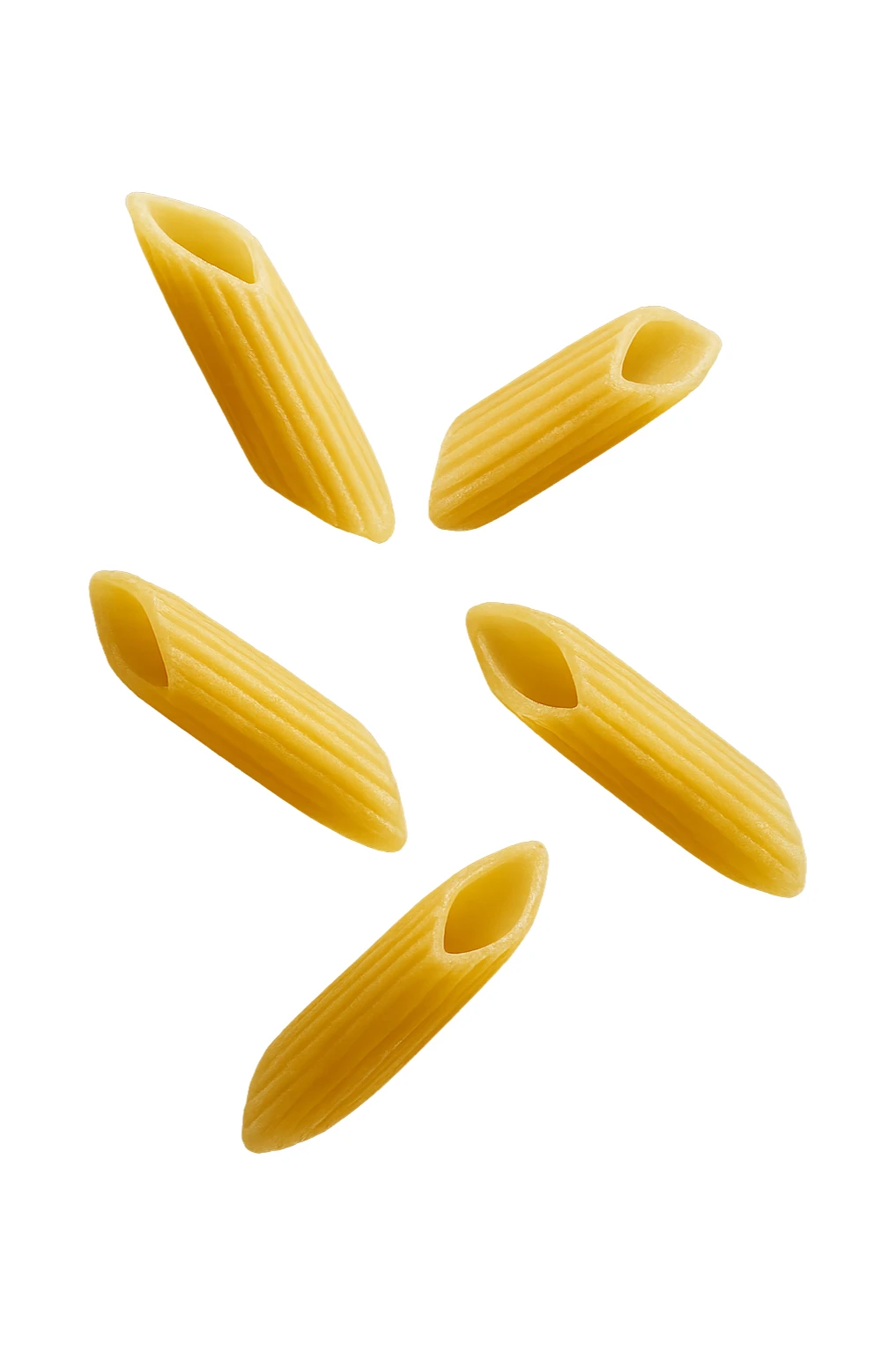 5 PENNE DI PASTA RIGATE FLUTTUANO IN ARIA,  iperrealistico 4k sticker