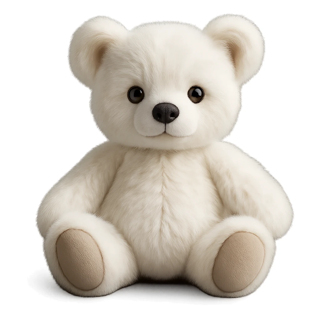 Change the teddy bear's fur to a realistic white color, keep soft lighting, and maintain a transparent background. The style should look realistic and natural with soft lighting effects. sticker