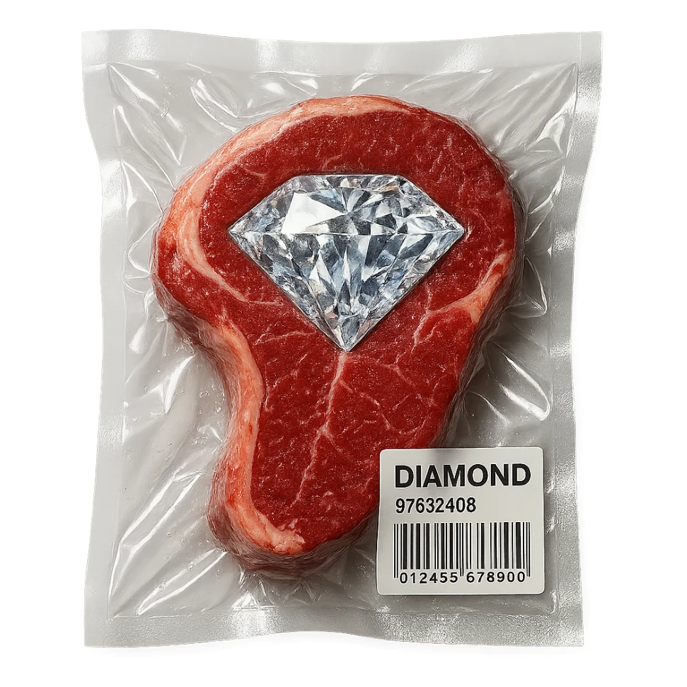 meat steak with sparkling diamond facets, glossy and puffy, vacuum-sealed style sticker