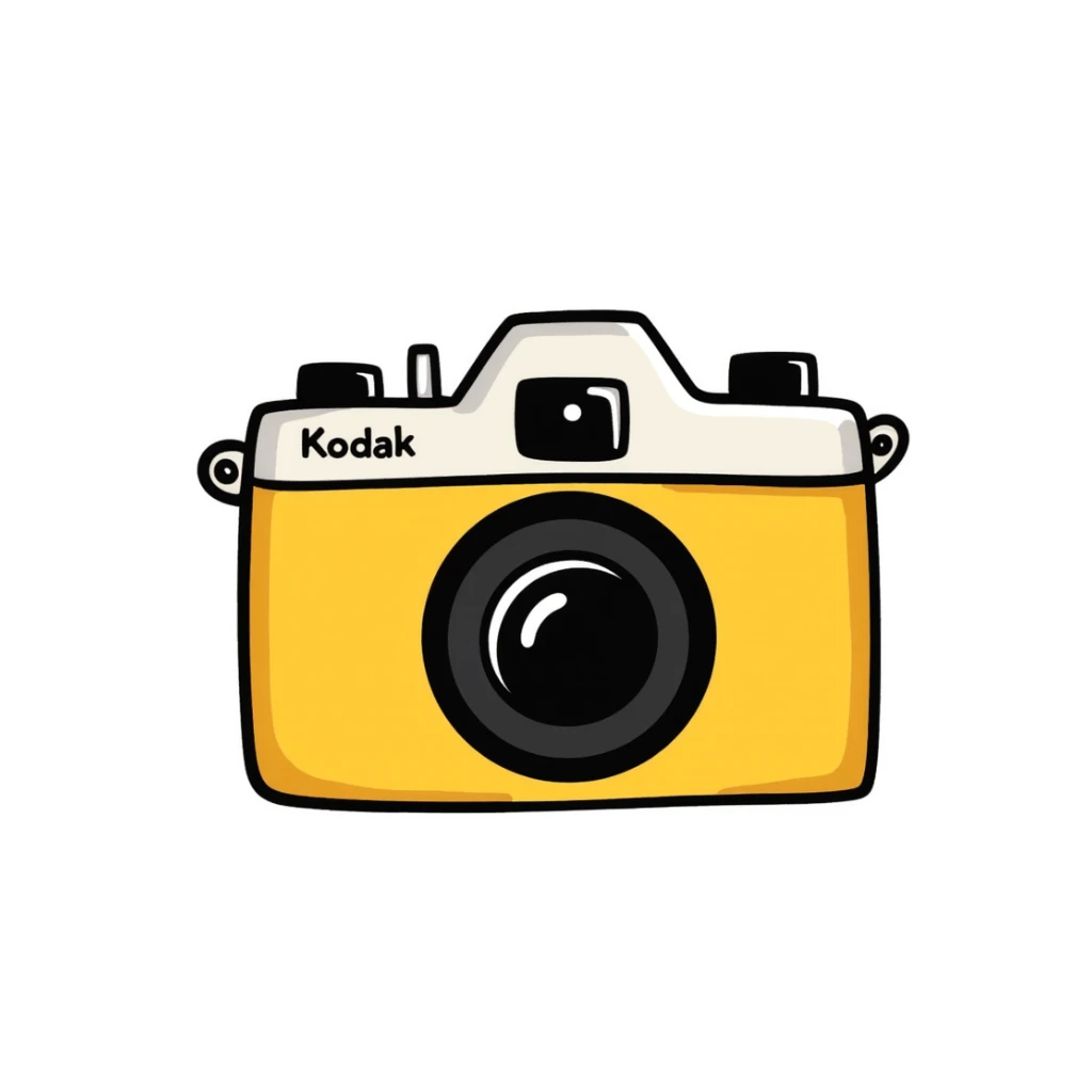 Hand-drawn vintage Kodak camera with yellow casing sticker