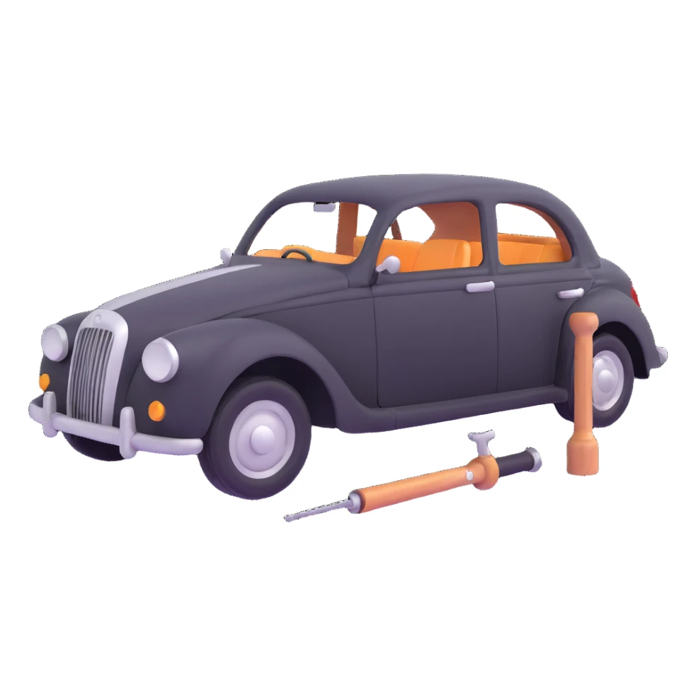 elegant car with a visible dent and dent repair tools like a lever and small hammer for Paintless Dent Repair (PDR) sticker