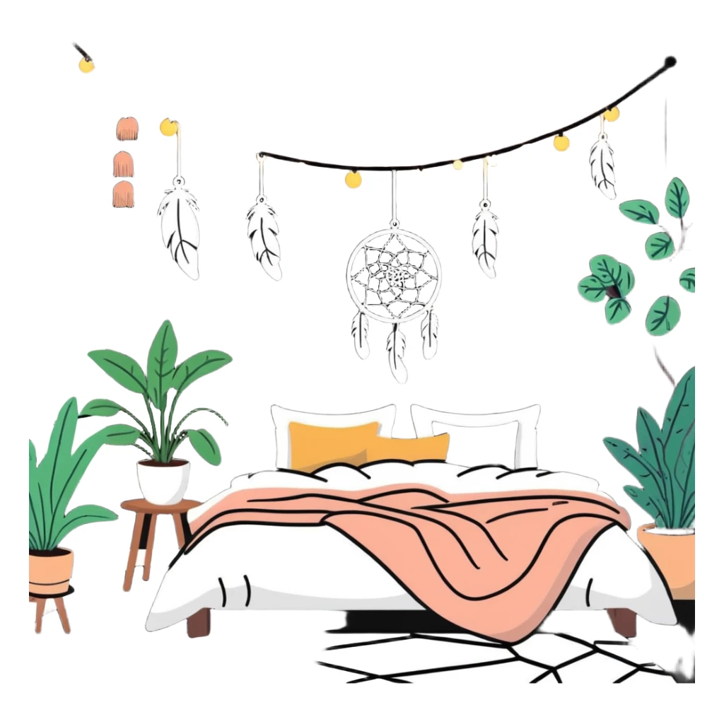 boho bedroom with hanging plants, dreamcatcher, fluffy rug, and string lights sticker