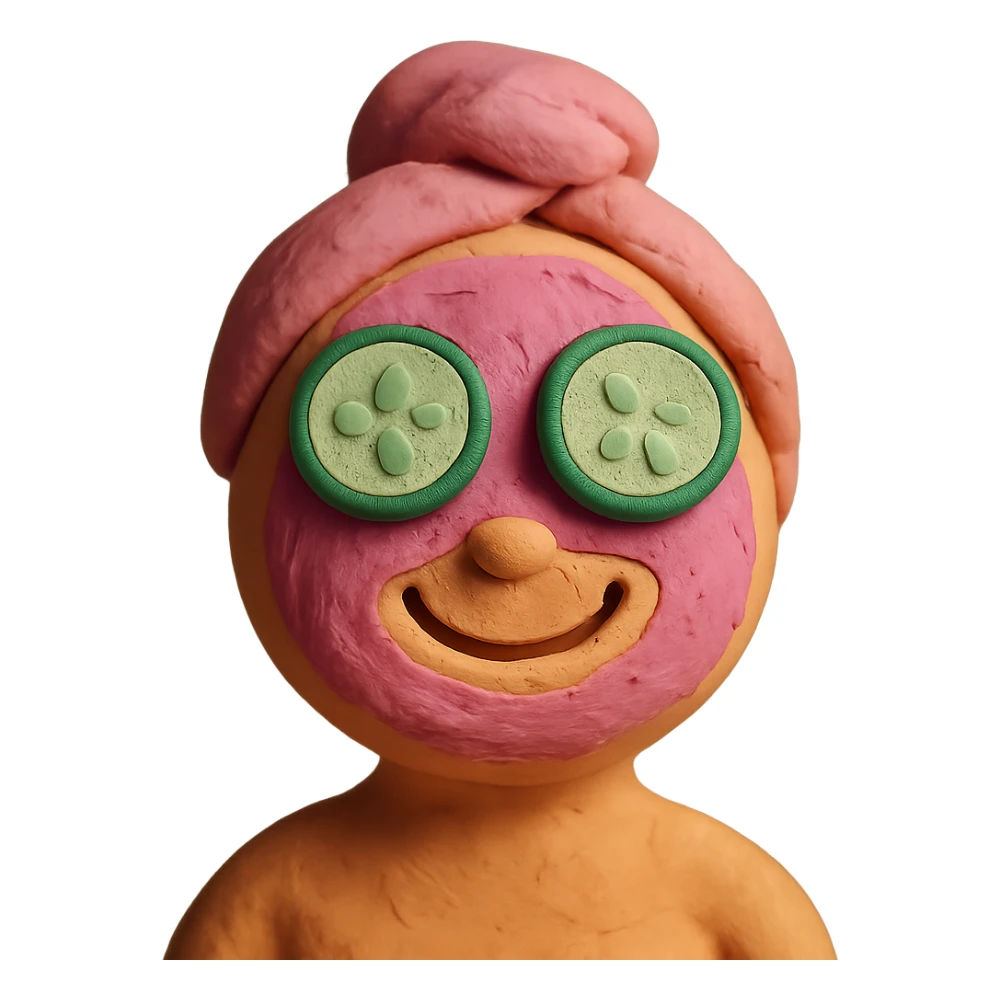 smiley face with a pink clay mask, cucumber slices on eyes sticker