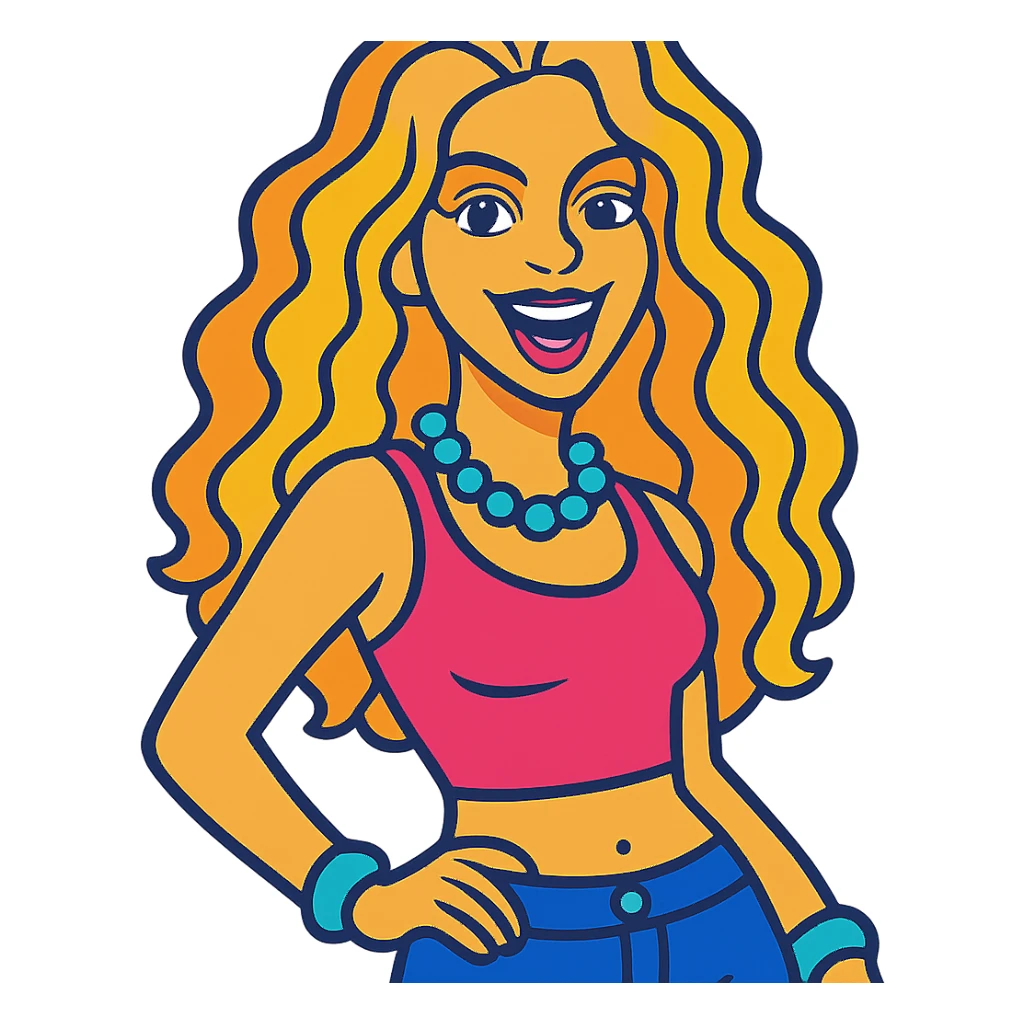 Shakira in vibrant toon style, saturated colors, playful sticker