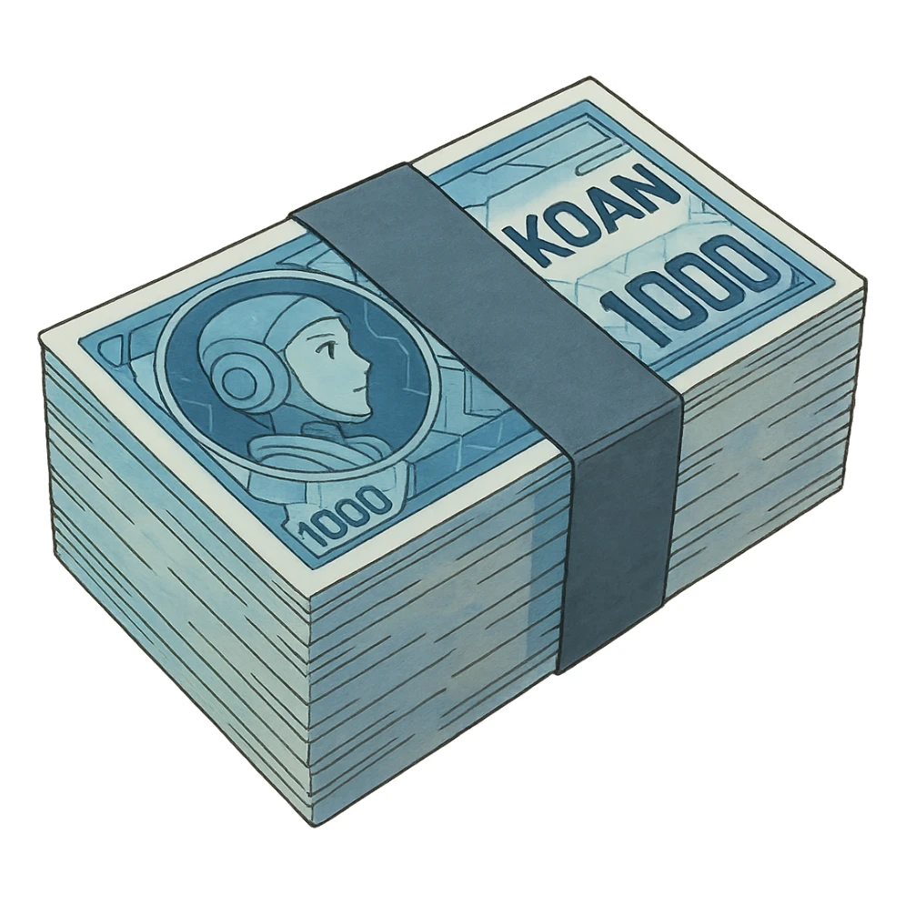 a neat bound stack of blue-and-white banknotes, koan bills , 90s futuristic, the band is dark gray sticker