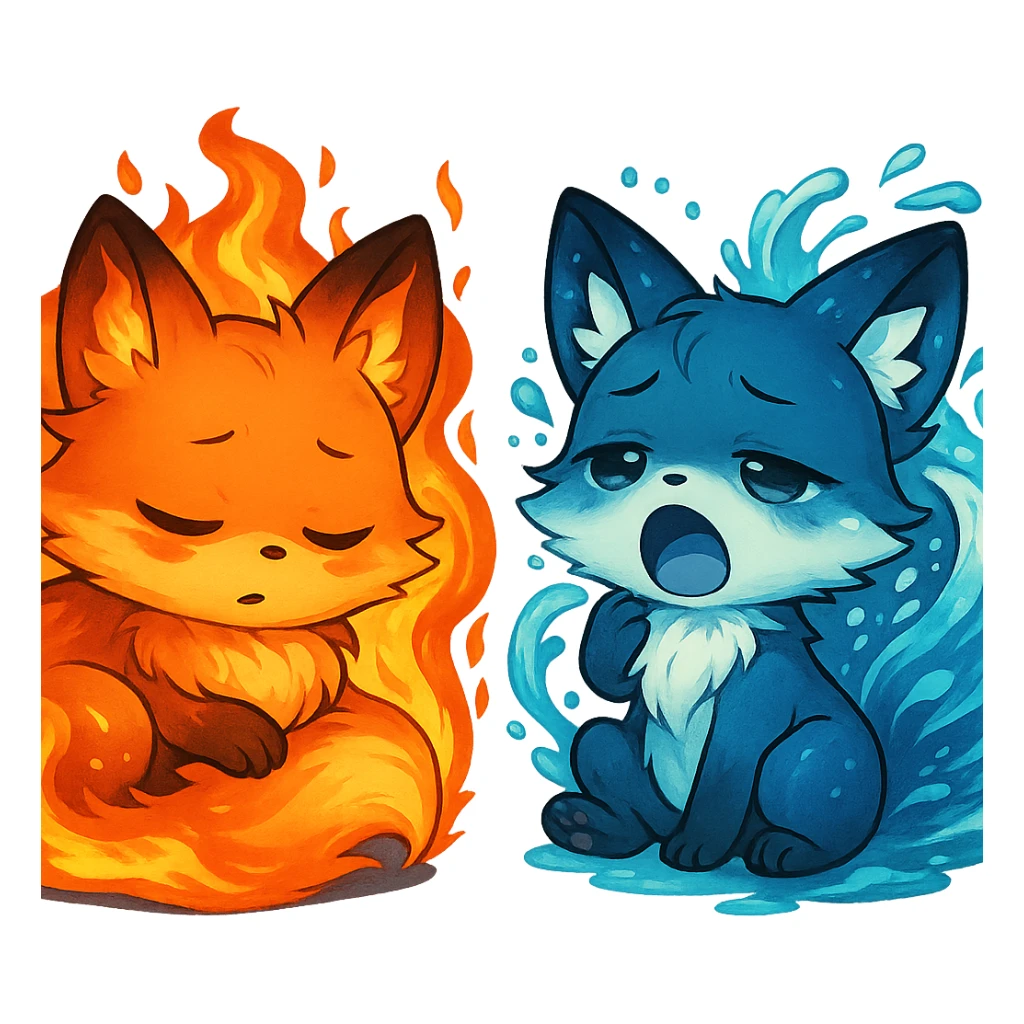 Transform the magical chibi fox duo into elemental beings: one fox with fire powers featuring flames and a fiery aura, the other with water powers featuring waves and a water aura. Keep the background transparent. sticker