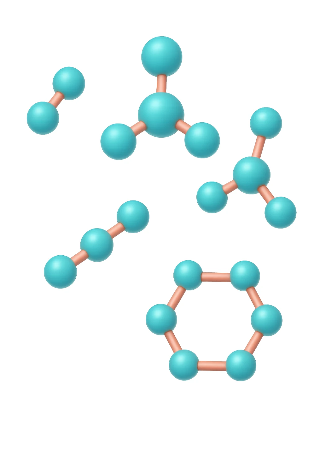 emoji 3d stile iphone di cinque molecole chimiche turchesi e rosa salmone che fluttuano in aria 3d sticker