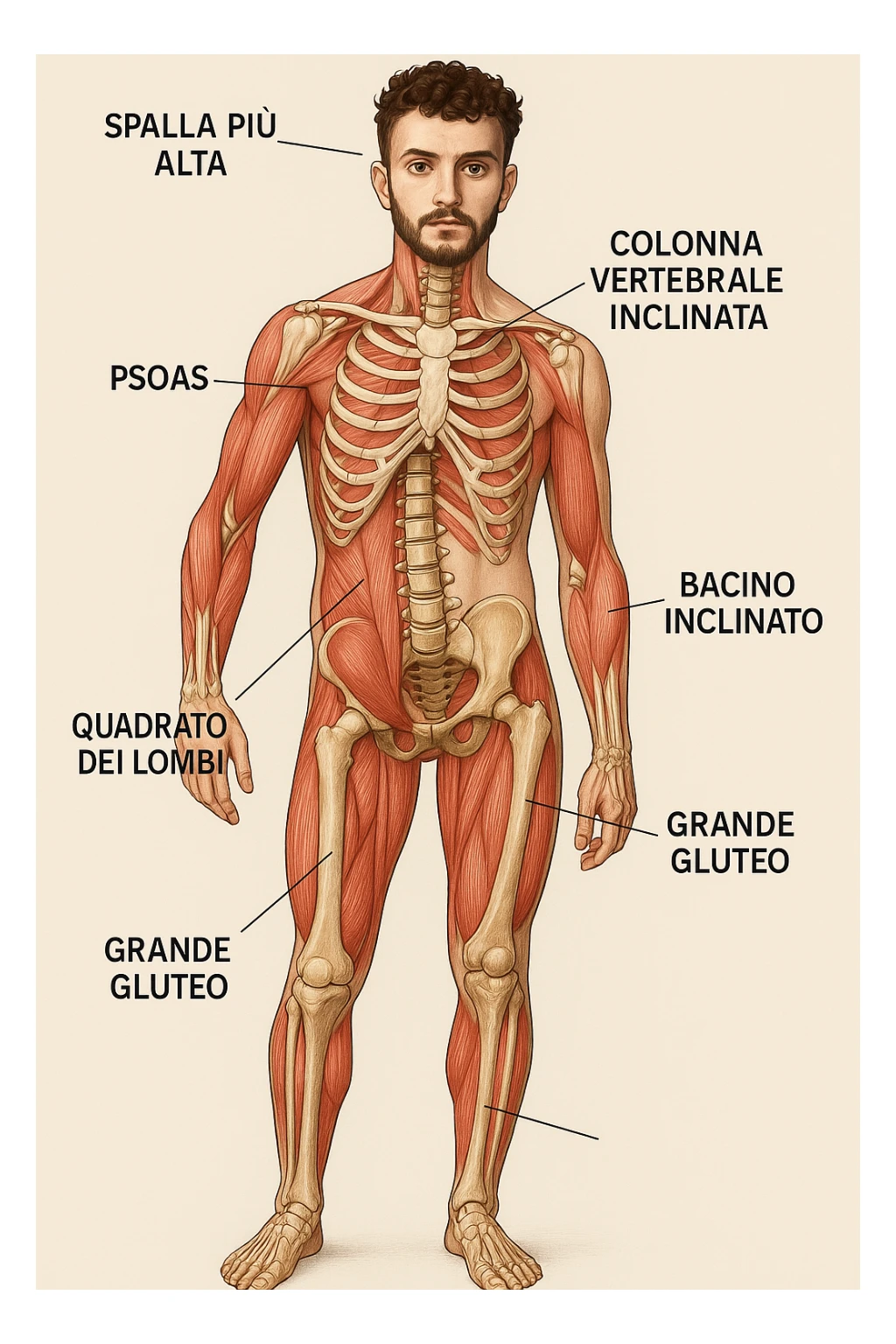 Uomo con problemi di asimmetrie e bacino inclinato, visione anatomica in italiano sticker