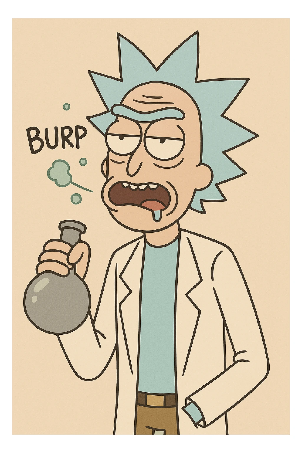 Rick Sanchez from Rick and Morty, with flask, burping, cartoon style sticker