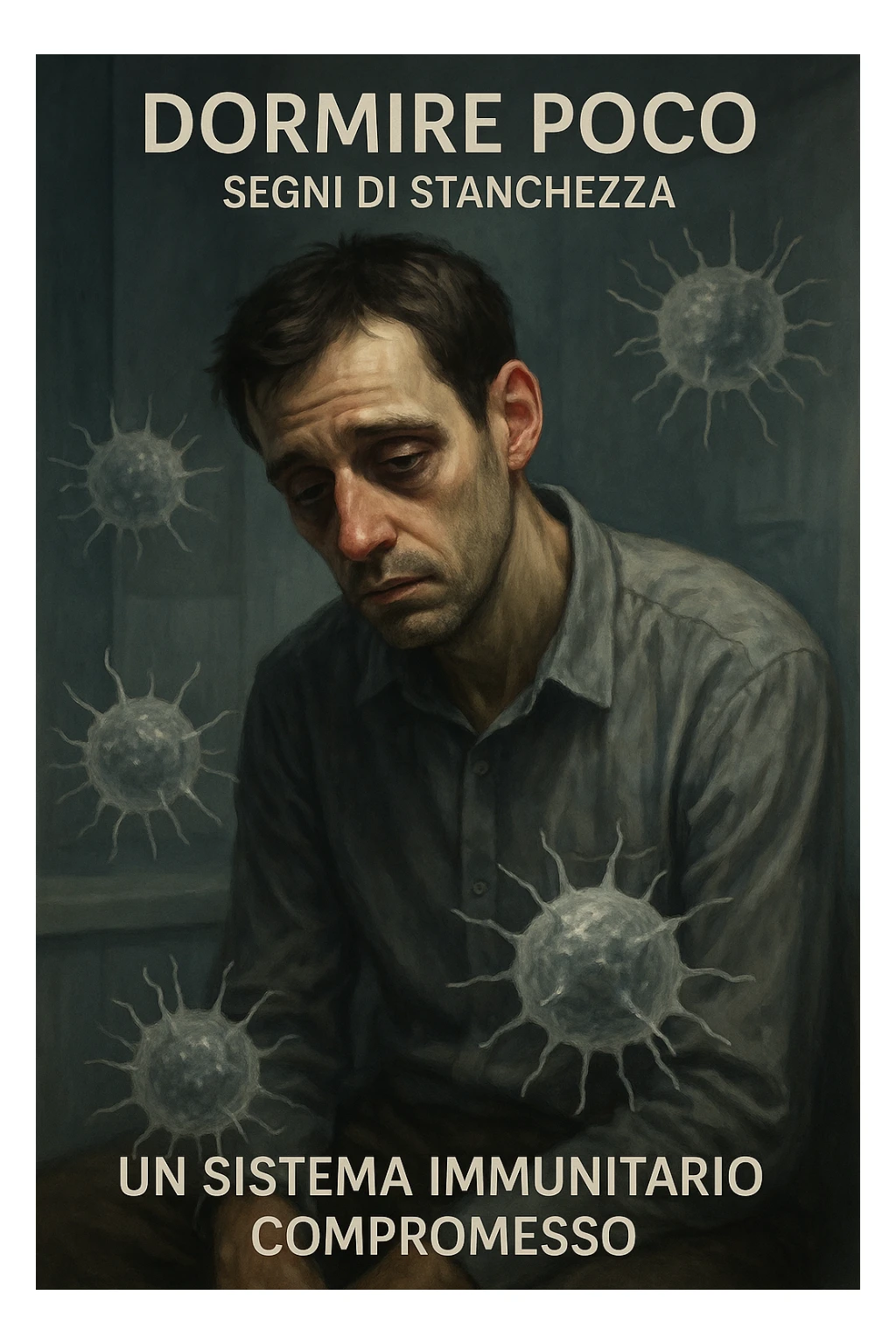 vertical realistic illustration of a man who sleeps very little, showing signs of tiredness and a compromised immune system represented by weak immune cells, clinical atmosphere with dramatic lighting, Italian captions, aspect ratio 2:3 sticker