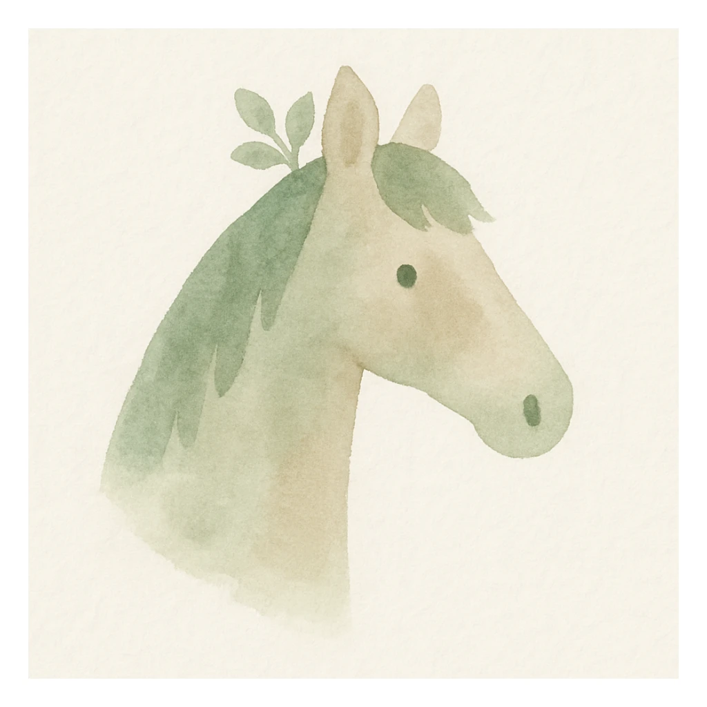 cute forest horse head, soft brush strokes, green and brown tones, whimsical look sticker