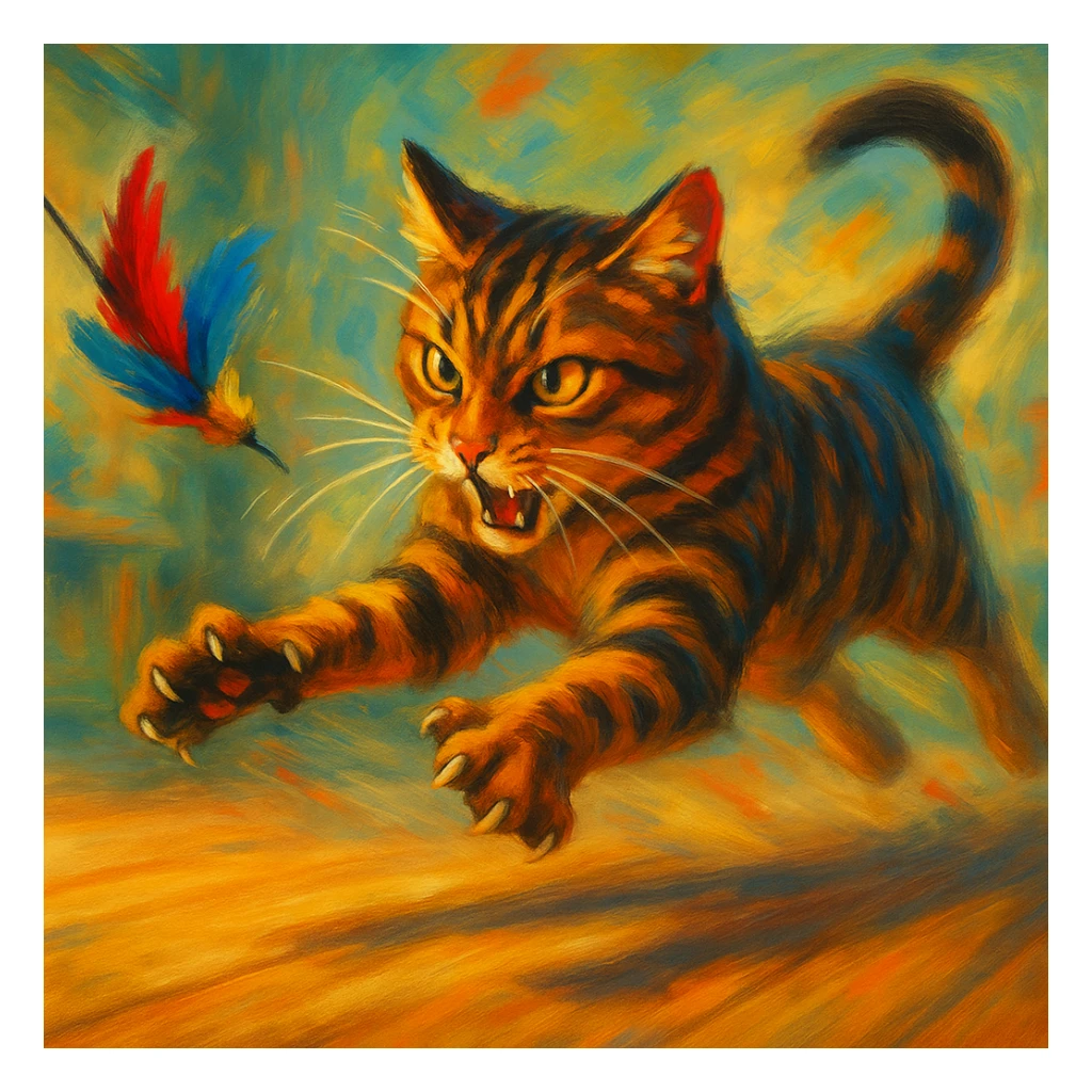 dynamic scene of a cat attacking a toy sticker