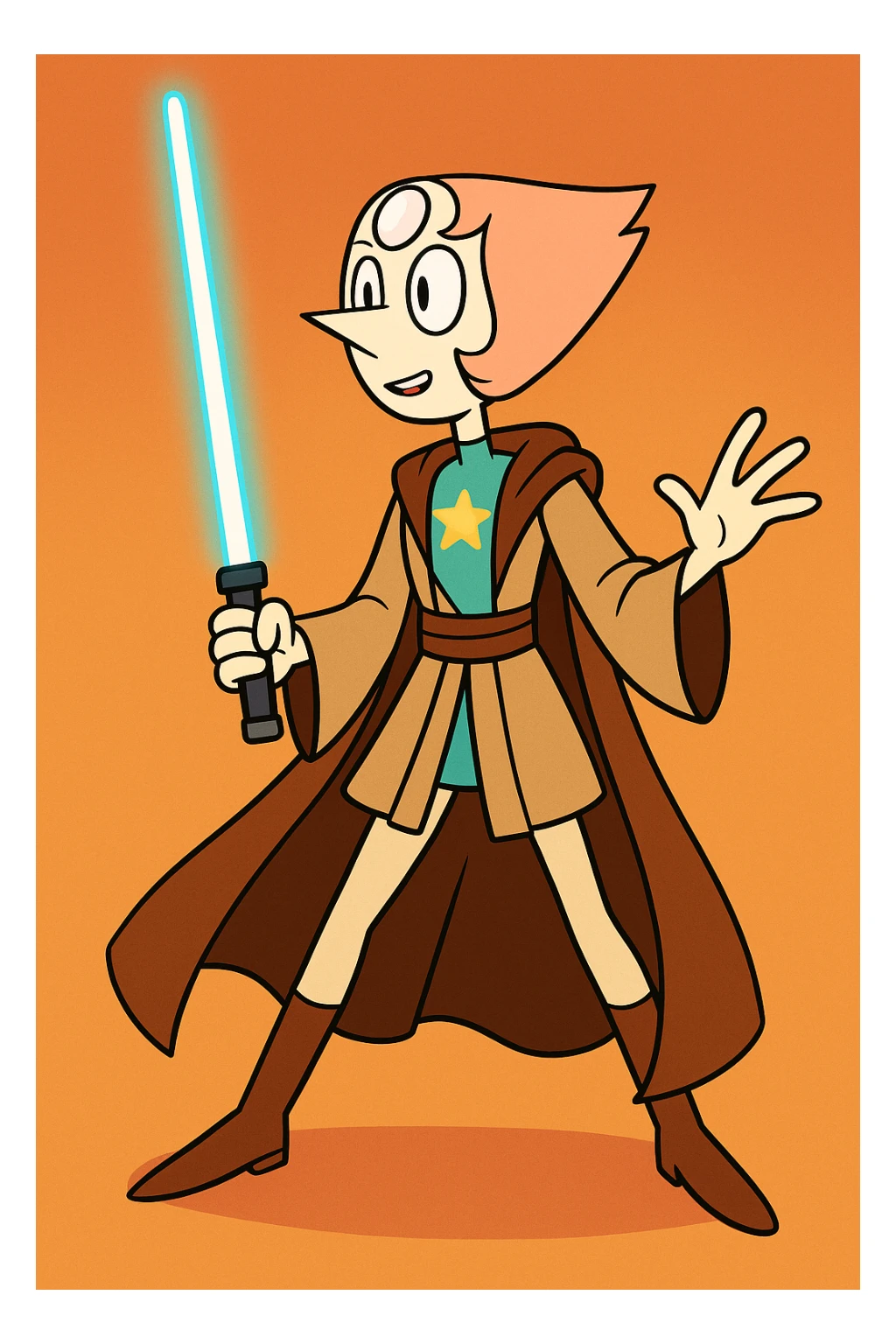 Pearl from Steven Universe wearing Jedi robes, elegant stance, glowing lightsaber, animated style sticker