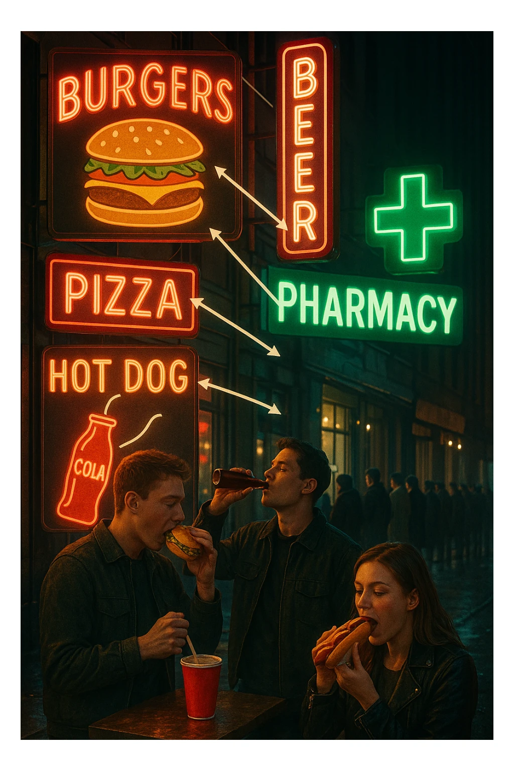 Realistic, vertical scene: a city street filled with bright, enticing advertisements for junk food and alcohol. In the foreground, people indulge in unhealthy foods and drinks, while in the background, a large pharmacy sign glows, and a line of people waits to buy medicine. Subtle arrows or visual cues connect the unhealthy choices to the need for medication, highlighting the cycle. in italiano sticker