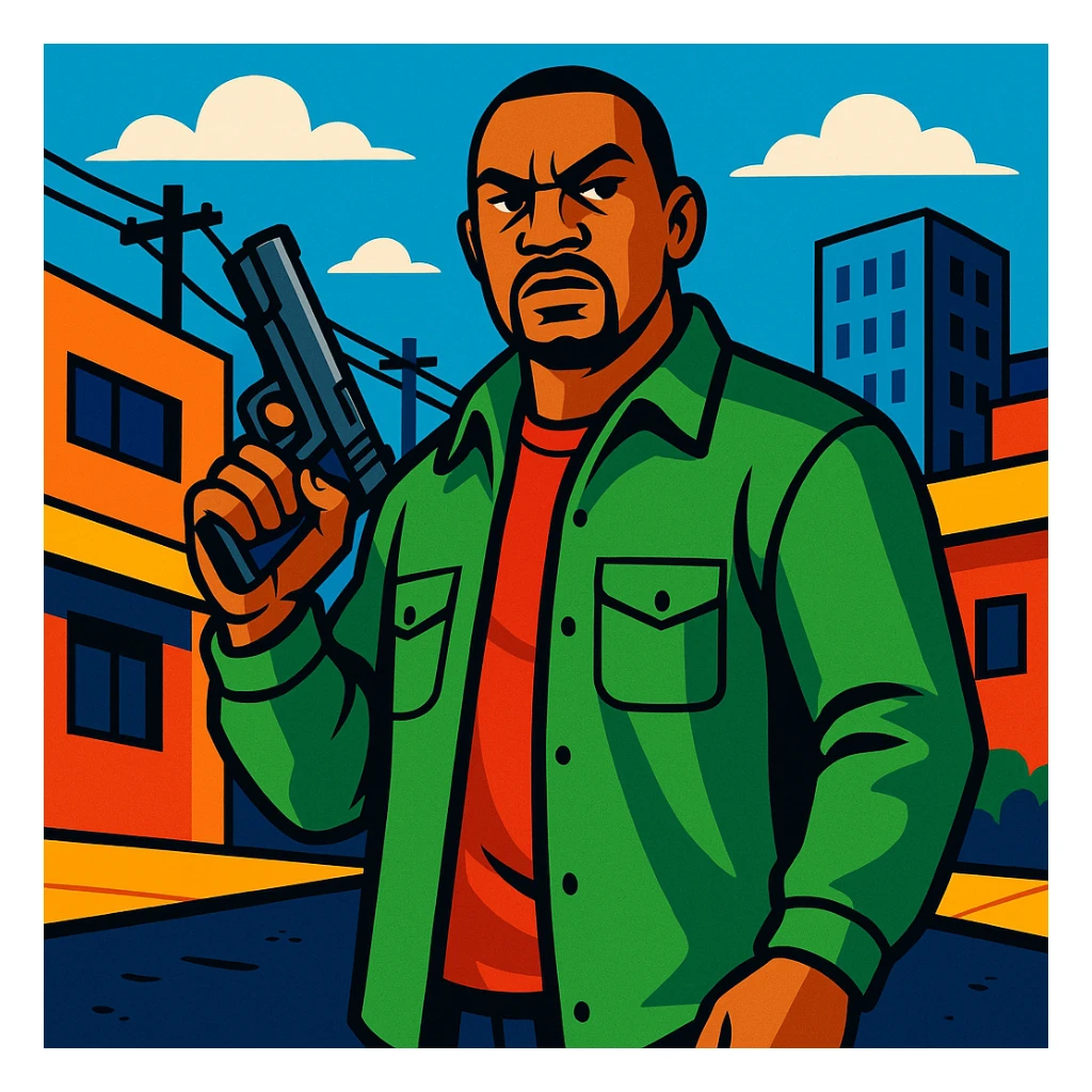 GTA-style character holding a gun, urban background, bold colors, tough expression sticker